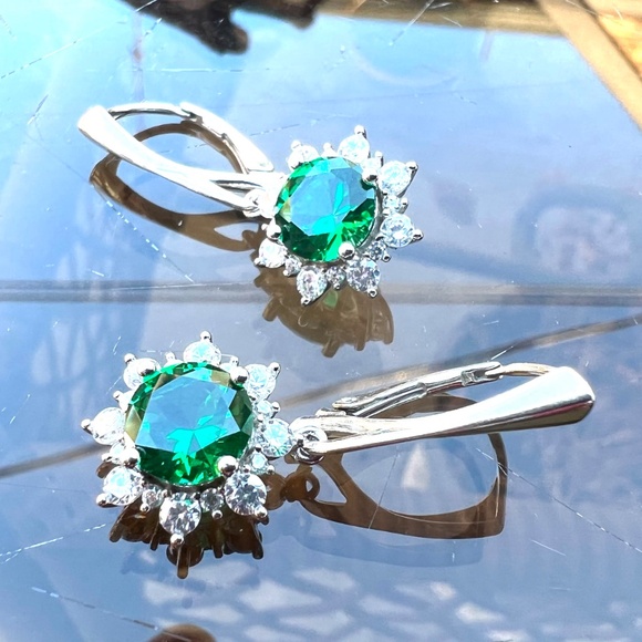 Halo Emerald Earrings Sterling Silver 925 , May Birthstone - Picture 7 of 11